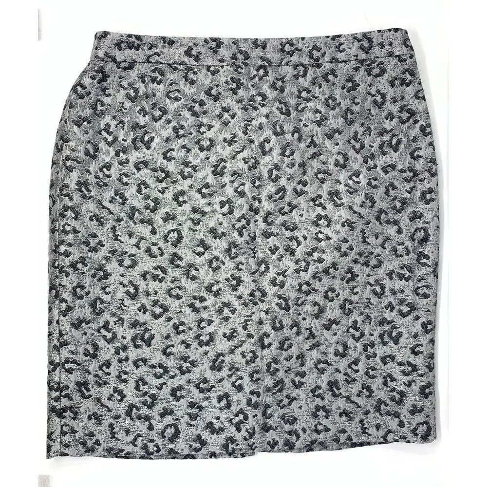 Ann Taylor LOFT Silver Metalic Leopard Pencil Women's Fully‎ Lined Skirt Size 8